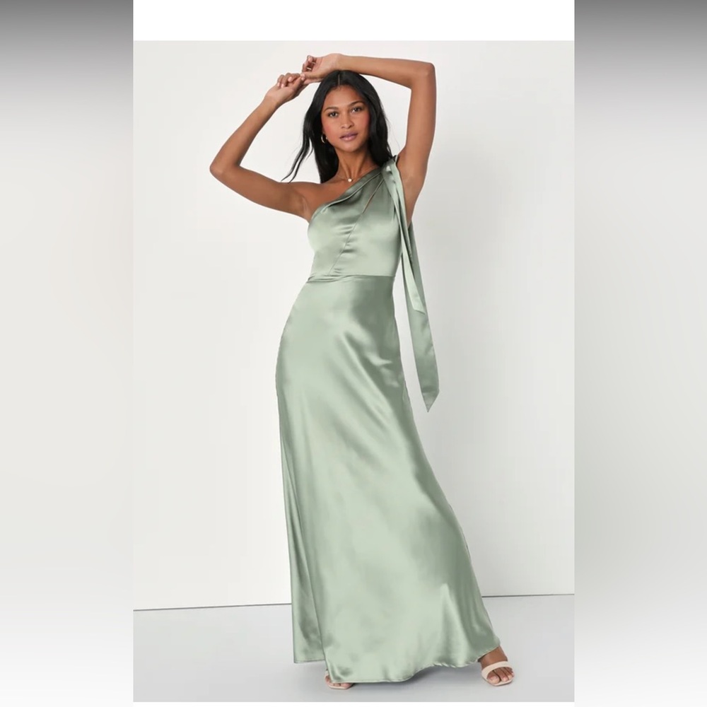 NWT Lulus Lovely Refinement Sage Satin Cutout One-Shoulder Maxi Dress